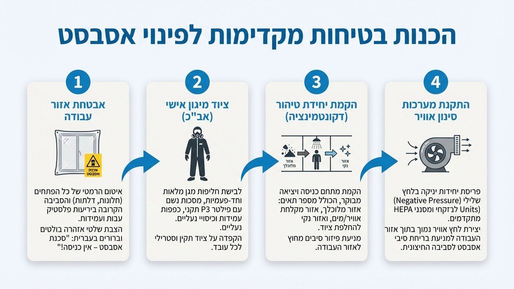 נוצר על ידי מודל בינה מלאכותית Gemini Pro צוות עובדים לבוש בחליפות מגן לבנות מכין את השטח לפינוי אסבסט, כולל שילוט אזהרה