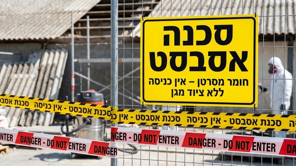 נוצר על ידי מודל בינה מלאכותית Gemini Pro שילוט אזהרה וגידור אזור עבודת פינוי אסבסט