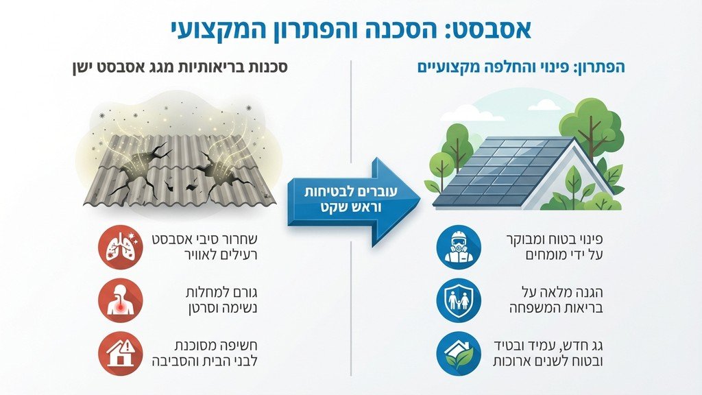 נוצר על ידי מודל בינה מלאכותית Gemini Pro עובד ממוגן בבגדי מגן ומסיכה בודק גג אסבסט ישן על רקע נוף עירוני
