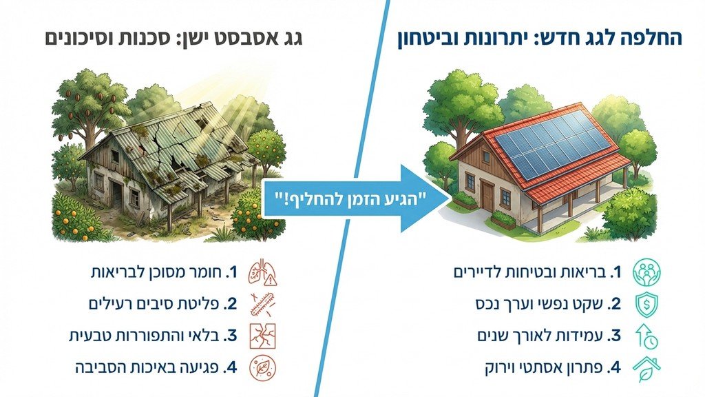 נוצר על ידי מודל בינה מלאכותית Gemini Pro גג אסבסט ישן וסדוק על מבנה באזור השרון