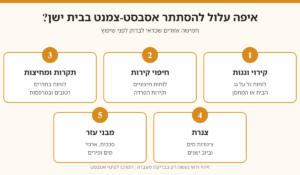 אינפוגרפיקה: חמישה אזורים בבית ישן שבהם עלול להיות אסבסט-צמנט — קירוי וגגות, חיפוי קירות, תקרות ומחיצות, צנרת ומבני עזר
